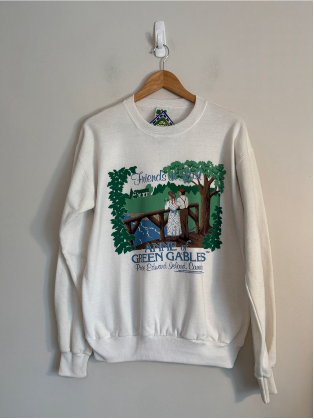 Vtg Anne of Green Gables Sweatshirt Size S White Green Graphic Print NOS